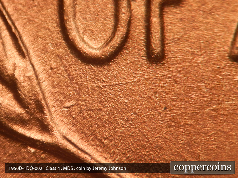 Die-stage B marker on 1950D•1DO•002 (1950 Doubled Die Obverse).
