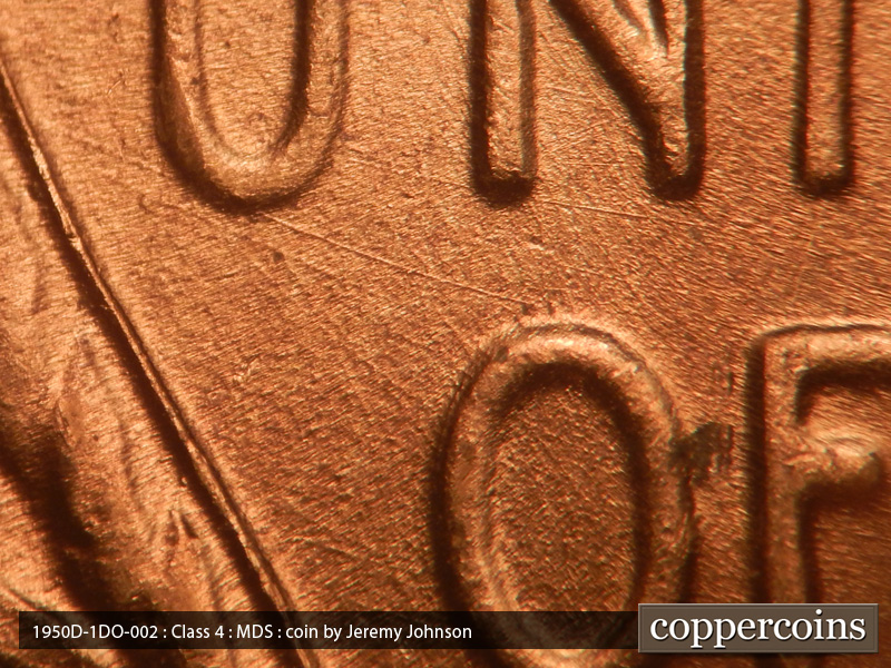 Die-stage B marker on 1950D•1DO•002 (1950 Doubled Die Obverse).