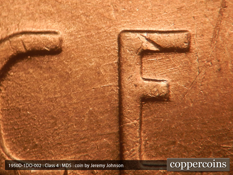 Die-stage B marker on 1950D•1DO•002 (1950 Doubled Die Obverse).