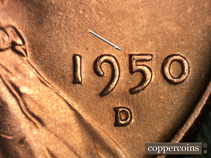 Die-stage B marker on 1950D•1DO•003 (1950 Doubled Die Obverse).