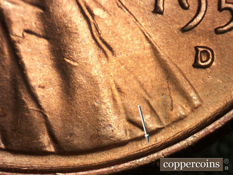 Die-stage B marker on 1950D•1DO•003 (1950 Doubled Die Obverse).