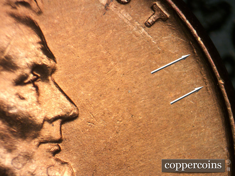 Die-stage B marker on 1950D•1DO•003 (1950 Doubled Die Obverse).