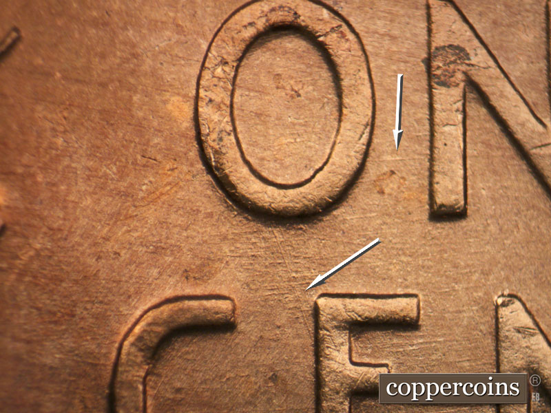 Die-stage B marker on 1950D•1DO•003 (1950 Doubled Die Obverse).