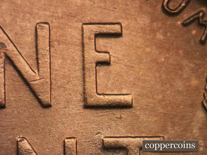 Die-stage B marker on 1950D•1DO•003 (1950 Doubled Die Obverse).