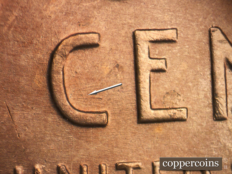 Die-stage B marker on 1950D•1DO•003 (1950 Doubled Die Obverse).