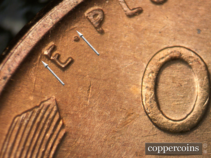 Die-stage B marker on 1950D•1DO•003 (1950 Doubled Die Obverse).
