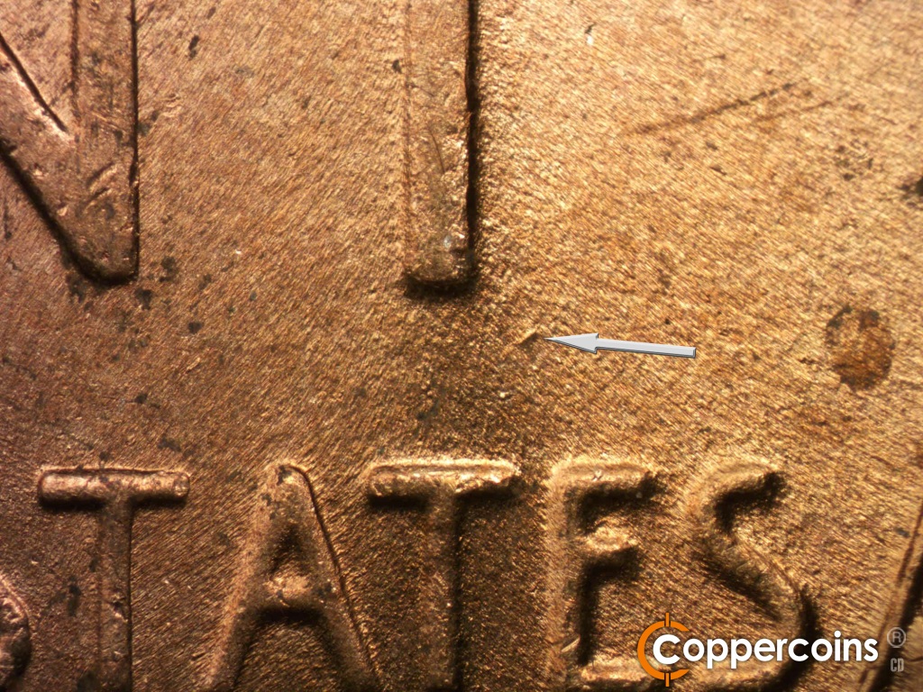 Die-stage B marker on 1950D•1DO•004 showing Die dot by base of T in CENT.