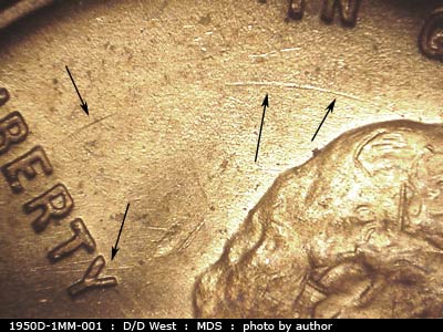 Die-stage B marker on 1950D•1MM•001 (1950 Repunched Mint Mark).
