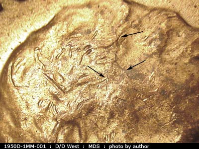 Die-stage B marker on 1950D•1MM•001 (1950 Repunched Mint Mark).