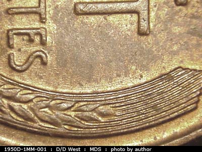 Die-stage B marker on 1950D•1MM•001 (1950 Repunched Mint Mark).
