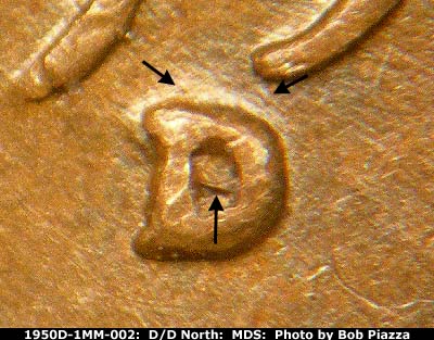 Die-stage B marker on 1950D•1MM•002 (1950 Repunched Mint Mark).