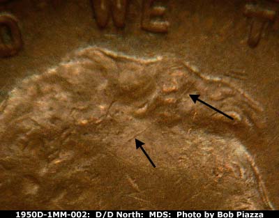 Die-stage B marker on 1950D•1MM•002 (1950 Repunched Mint Mark).