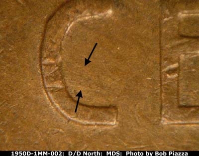 Die-stage B marker on 1950D•1MM•002 (1950 Repunched Mint Mark).