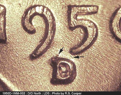 Die-stage C marker on 1950D•1MM•002 (1950 Repunched Mint Mark).