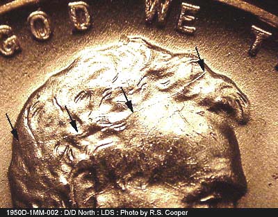 Die-stage C marker on 1950D•1MM•002 (1950 Repunched Mint Mark).