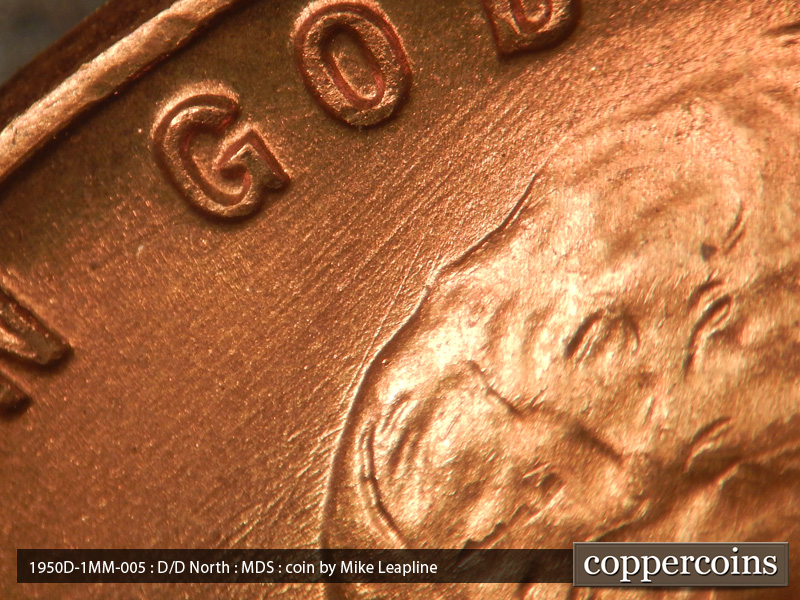 Die-stage B marker on 1950D•1MM•005 (1950 Repunched Mint Mark).