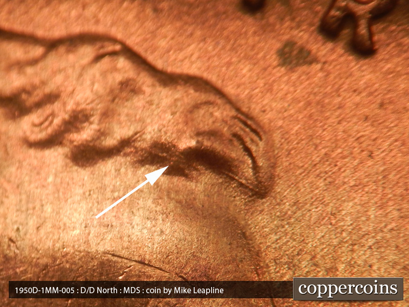 Die-stage B marker on 1950D•1MM•005 (1950 Repunched Mint Mark).