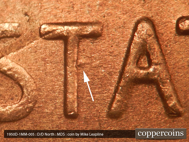 Die-stage B marker on 1950D•1MM•005 (1950 Repunched Mint Mark).