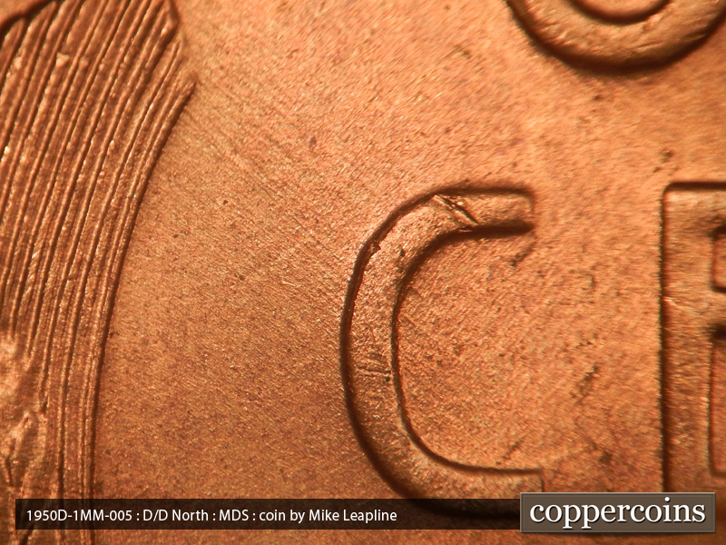 Die-stage B marker on 1950D•1MM•005 (1950 Repunched Mint Mark).
