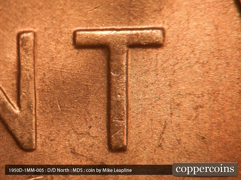 Die-stage B marker on 1950D•1MM•005 (1950 Repunched Mint Mark).