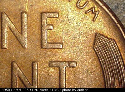 Die-stage C marker on 1950D•1MM•005 (1950 Repunched Mint Mark).