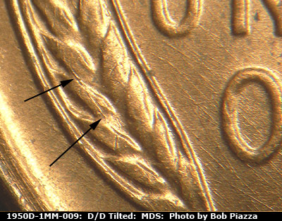 Die-stage B marker on 1950D•1MM•009 (1950 Repunched Mint Mark).