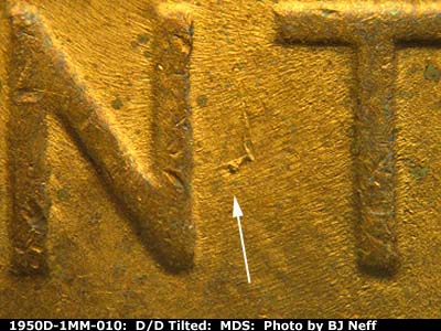 Die-stage B marker on 1950D•1MM•010 (1950 Repunched Mint Mark).