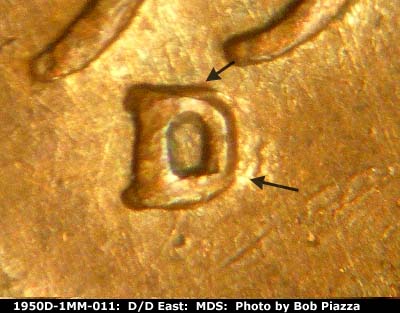 Die-stage B marker on 1950D•1MM•011 showing Closeup of repunched mint mark.