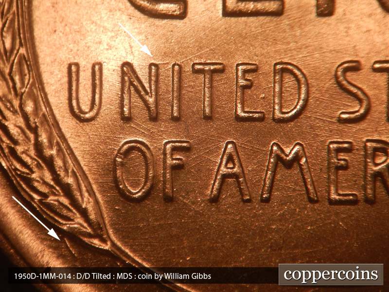 Die-stage B marker on 1950D•1MM•014 (1950 Repunched Mint Mark).