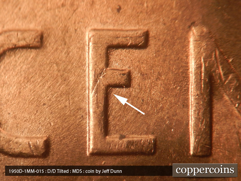 Die-stage B marker on 1950D•1MM•015 (1950 Repunched Mint Mark).