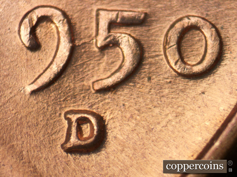 1950 Lincoln cent obverse, CopperCoins die 1950D•1MM•018.