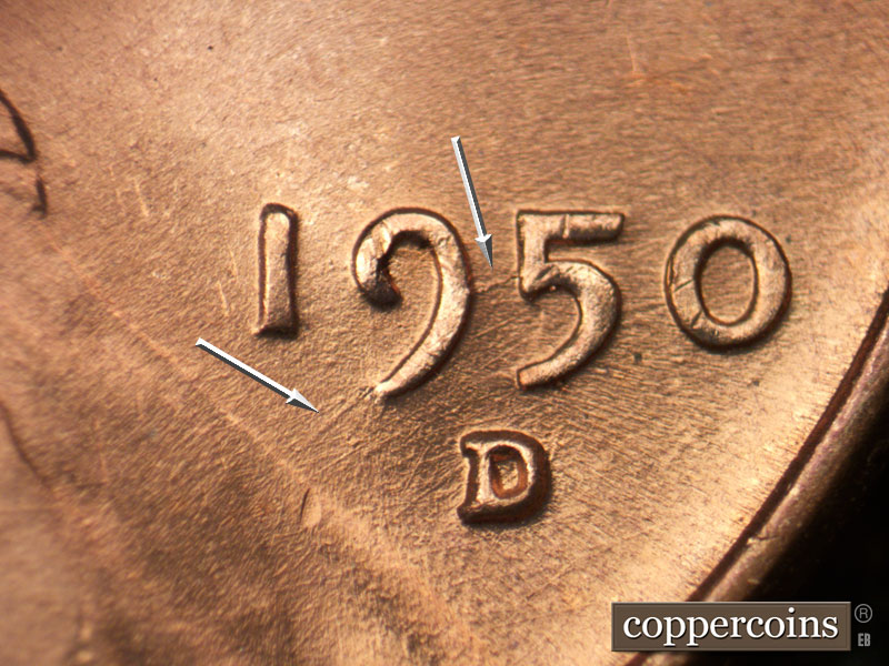 Die-stage B marker on 1950D•1MM•018 (1950 Repunched Mint Mark).