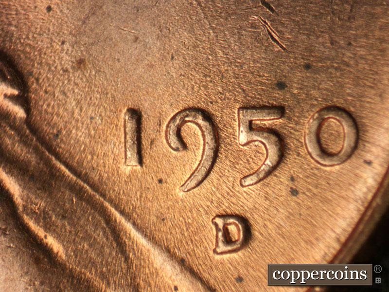 Die-stage B marker on 1950D•1MM•019 (1950 Repunched Mint Mark).