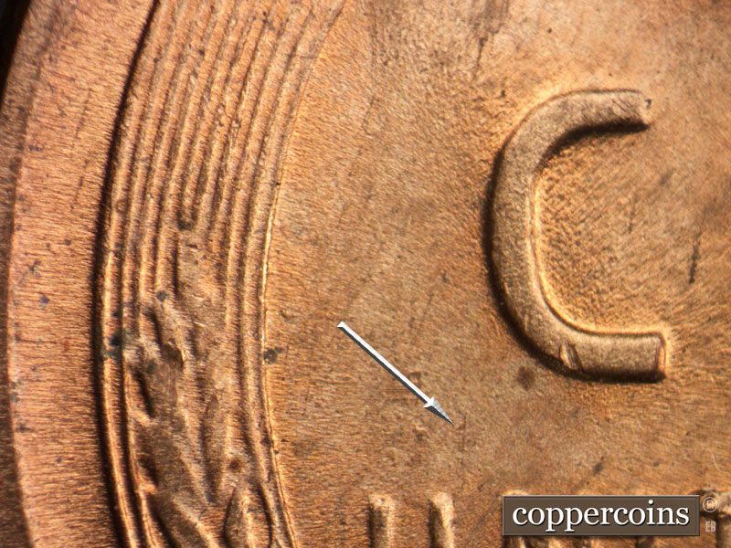 Die-stage B marker on 1950D•1MM•019 (1950 Repunched Mint Mark).