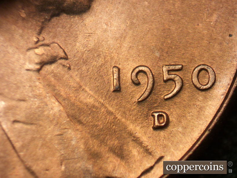 Die-stage C marker on 1950D•1MM•019 (1950 Repunched Mint Mark).