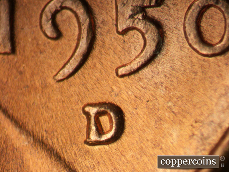 1950 Lincoln cent obverse, CopperCoins die 1950D•1MM•021.