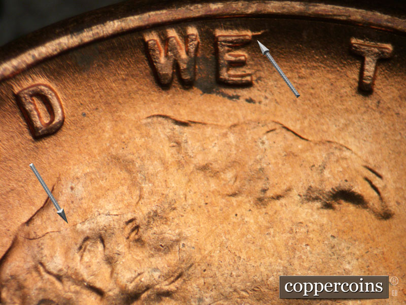 Die-stage B marker on 1950D•1MM•021 (1950 Repunched Mint Mark).