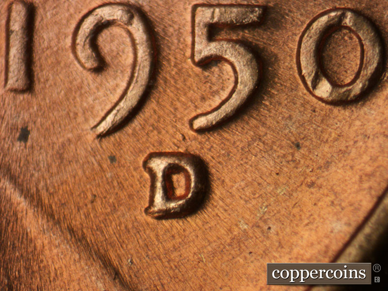1950 Lincoln cent obverse, CopperCoins die 1950D•1MM•024.