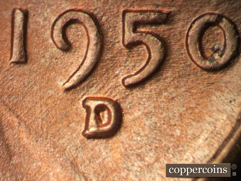 1950 Lincoln cent obverse, CopperCoins die 1950D•1MM•030.