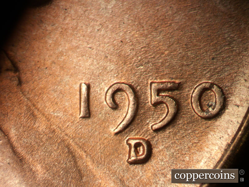 Die-stage B marker on 1950D•1MM•030 (1950 Repunched Mint Mark).