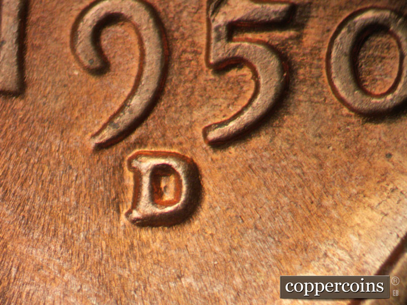 1950 Lincoln cent obverse, CopperCoins die 1950D•1MM•031.
