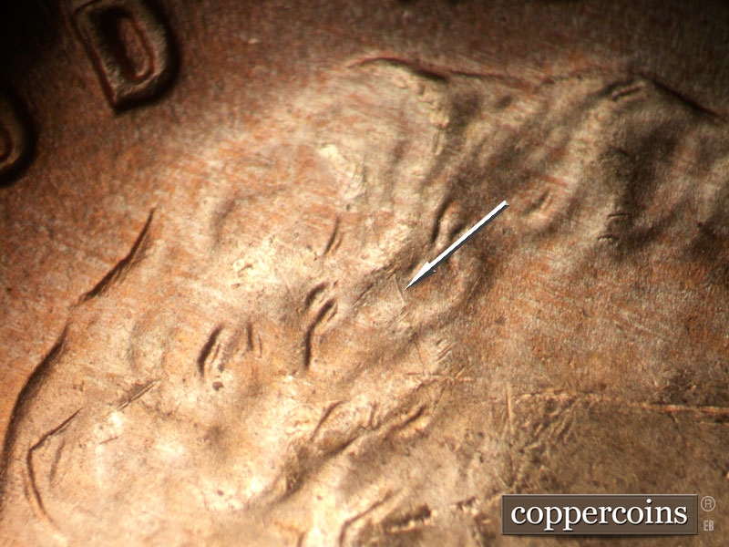 Die-stage B marker on 1950D•1MM•031 (1950 Repunched Mint Mark).