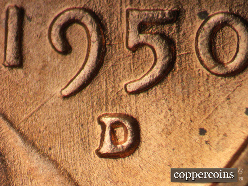 1950 Lincoln cent obverse, CopperCoins die 1950D•1MM•032.