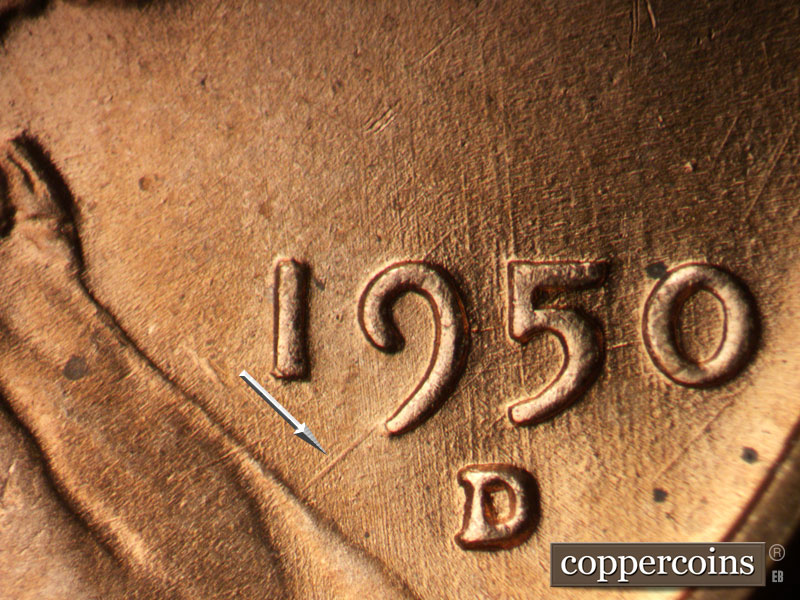 Die-stage B marker on 1950D•1MM•032 (1950 Repunched Mint Mark).