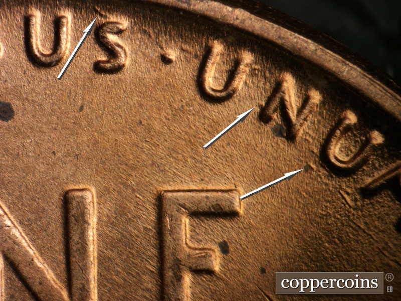 Die-stage B marker on 1950D•1MM•032 (1950 Repunched Mint Mark).