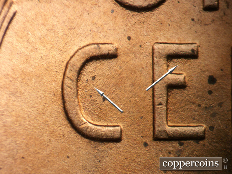Die-stage B marker on 1950D•1MM•032 (1950 Repunched Mint Mark).