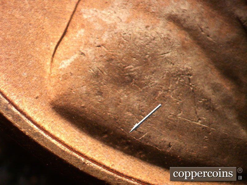 Die-stage B marker on 1950D•1MM•033 (1950 Repunched Mint Mark).