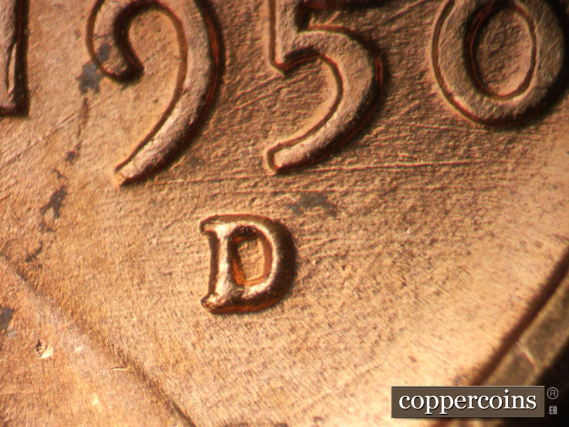 1950 Lincoln cent obverse, CopperCoins die 1950D•1MM•034.
