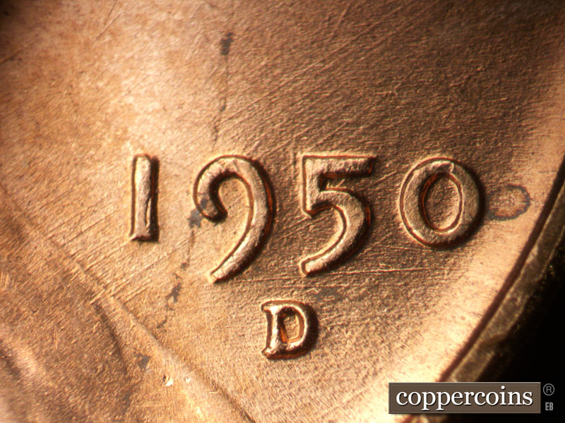 Die-stage B marker on 1950D•1MM•034 (1950 Repunched Mint Mark).