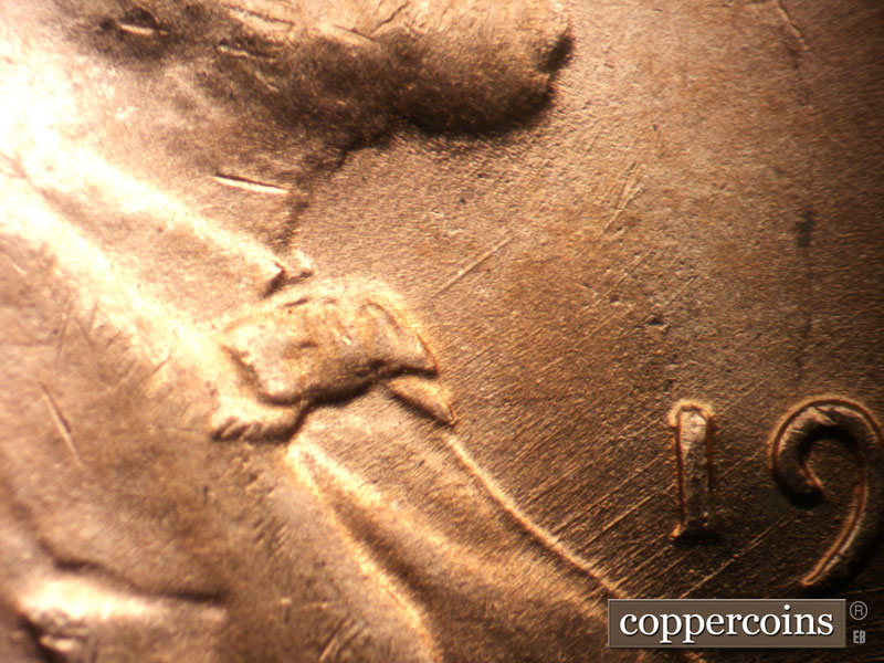 Die-stage B marker on 1950D•1MM•034 (1950 Repunched Mint Mark).